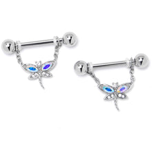 Load image into Gallery viewer, 14G 9/16 Aurora CZ Gem Understated Dragonfly Dangle Nipple Ring Set
