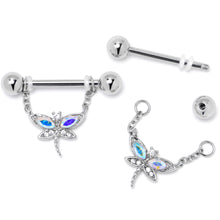 Load image into Gallery viewer, 14G 9/16 Aurora CZ Gem Understated Dragonfly Dangle Nipple Ring Set
