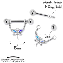 Load image into Gallery viewer, 14G 9/16 Aurora CZ Gem Understated Dragonfly Dangle Nipple Ring Set
