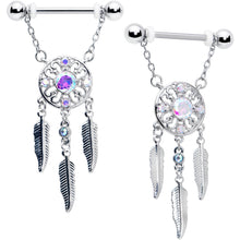 Load image into Gallery viewer, 14G 9/16 Aurora CZ Gem Dreamcatcher Dangle Nipple Ring Set
