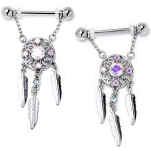 Load image into Gallery viewer, 14G 9/16 Aurora CZ Gem Dreamcatcher Dangle Nipple Ring Set
