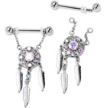Load image into Gallery viewer, 14G 9/16 Aurora CZ Gem Dreamcatcher Dangle Nipple Ring Set
