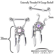 Load image into Gallery viewer, 14G 9/16 Aurora CZ Gem Dreamcatcher Dangle Nipple Ring Set
