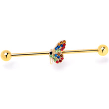 Load image into Gallery viewer, 14G Red Blue Gem Gold Tone Butterfly Industrial Barbell 38mm
