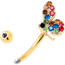 Load image into Gallery viewer, 16G 5/16 Red Blue Gem Gold Tone Butterfly Curved Eyebrow Ring
