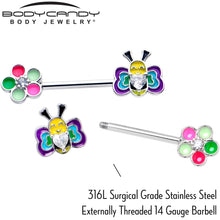 Load image into Gallery viewer, 14G 9/16 Clear CZ Gem Butterfly Love Bug Barbell Nipple Ring Set
