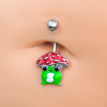 将图片加载到图库查看器，Clear Gem Happy Mushroom Red Green Belly Ring
