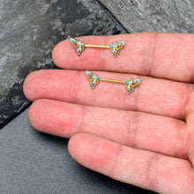 Load image into Gallery viewer, 14G 9/16 Blue Gem Gold Hue Ribbon Butterfly Barbell Nipple Ring Set

