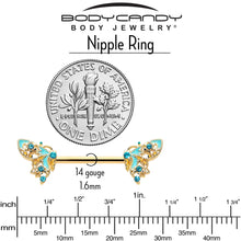 Load image into Gallery viewer, 14G 9/16 Blue Gem Gold Hue Ribbon Butterfly Barbell Nipple Ring Set
