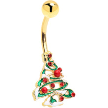 Load image into Gallery viewer, Red Gem Gold Tone Snowy Christmas Tree Holiday Belly Ring
