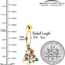 Load image into Gallery viewer, Red Gem Gold Tone Snowy Christmas Tree Holiday Belly Ring
