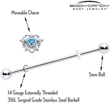 Load image into Gallery viewer, 14G Blue Clear CZ Gem Heart Pair Industrial Barbell 38mm
