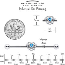 Load image into Gallery viewer, 14G Blue Clear CZ Gem Heart Pair Industrial Barbell 38mm
