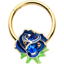 Load image into Gallery viewer, 16G 3/8 Blue Gem Gold Tone Deep Blue Flower Hinged Segment Ring
