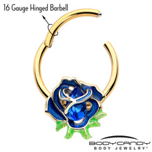 Load image into Gallery viewer, 16G 3/8 Blue Gem Gold Tone Deep Blue Flower Hinged Segment Ring
