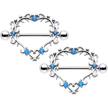 Load image into Gallery viewer, 14G 9/16 Blue CZ Gem Leafy Heart Nipple Shield Set
