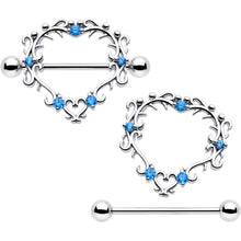 Load image into Gallery viewer, 14G 9/16 Blue CZ Gem Leafy Heart Nipple Shield Set
