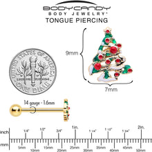 Load image into Gallery viewer, Gold Tone Snowy Christmas Tree Holiday Barbell Tongue Ring
