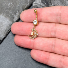 Load image into Gallery viewer, Clear White Gem Gold Tone Constellation Moon Dangle Belly Ring
