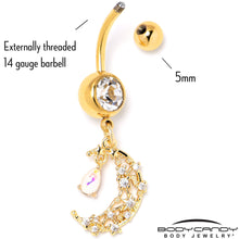Load image into Gallery viewer, Clear White Gem Gold Tone Constellation Moon Dangle Belly Ring

