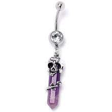 Load image into Gallery viewer, Purple Amethyst Skull Obelisk Rose Dangle Belly Ring
