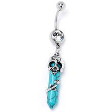 将图片加载到图库查看器，Blue Turquoise Skull Obelisk Rose Dangle Belly Ring
