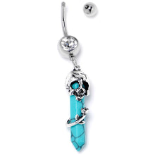 将图片加载到图库查看器，Blue Turquoise Skull Obelisk Rose Dangle Belly Ring
