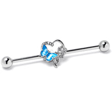 Load image into Gallery viewer, 14G Clear Gem Butterfly Flower Blue Industrial Barbell 38mm
