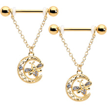 Load image into Gallery viewer, 14G 3/4 Clear Gem Gold Tone Lunar Dragonfly Dangle Nipple Ring Set

