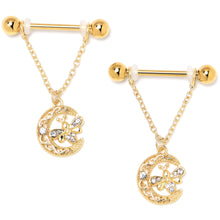 Load image into Gallery viewer, 14G 3/4 Clear Gem Gold Tone Lunar Dragonfly Dangle Nipple Ring Set
