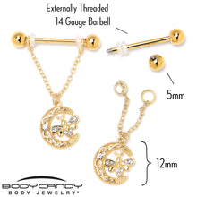 Load image into Gallery viewer, 14G 3/4 Clear Gem Gold Tone Lunar Dragonfly Dangle Nipple Ring Set
