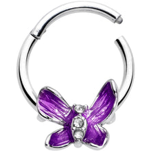 Load image into Gallery viewer, 16G 3/8 Clear Gem Chunky Butterfly Purple Hinged Segment Ring
