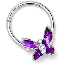 Load image into Gallery viewer, 16G 3/8 Clear Gem Chunky Butterfly Purple Hinged Segment Ring
