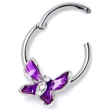 Load image into Gallery viewer, 16G 3/8 Clear Gem Chunky Butterfly Purple Hinged Segment Ring
