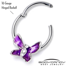 Load image into Gallery viewer, 16G 3/8 Clear Gem Chunky Butterfly Purple Hinged Segment Ring
