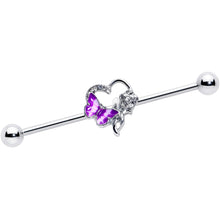 Load image into Gallery viewer, 14G Clear Gem Butterfly Rose Flower Purple Industrial Barbell 38mm
