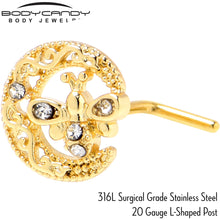 Load image into Gallery viewer, 20G 7mm Clear Gem Gold Tone Lunar Dragonfly L Shape Nose Ring
