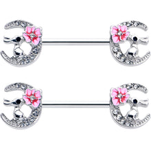 Load image into Gallery viewer, 14G 9/16 Clear Gem Rabbit On Moon Flower Pink Nipple Ring Set
