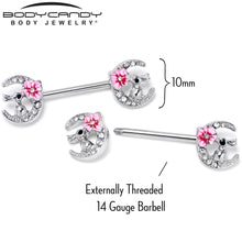 Load image into Gallery viewer, 14G 9/16 Clear Gem Rabbit On Moon Flower Pink Nipple Ring Set
