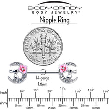Load image into Gallery viewer, 14G 9/16 Clear Gem Rabbit On Moon Flower Pink Nipple Ring Set
