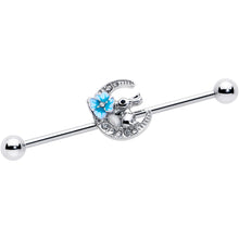 Load image into Gallery viewer, 14G Clear Gem Rabbit On Moon Flower Blue Industrial Barbell 38mm
