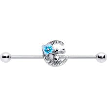 Load image into Gallery viewer, 14G Clear Gem Rabbit On Moon Flower Blue Industrial Barbell 38mm
