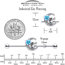 Load image into Gallery viewer, 14G Clear Gem Rabbit On Moon Flower Blue Industrial Barbell 38mm

