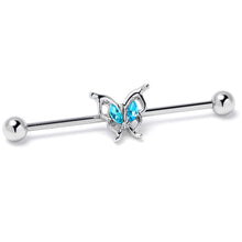 Load image into Gallery viewer, 14G Blue Gem Fancy Fab Butterfly Industrial Barbell 38mm
