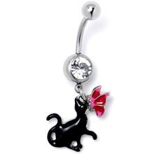 将图片加载到图库查看器，Clear Gem Butterfly Black Cat Dangle Belly Ring
