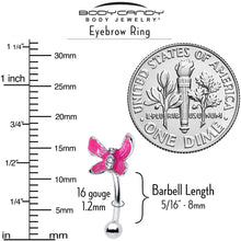 Load image into Gallery viewer, 16G 5/16 Clear Gem Chunky Butterfly Pink Curved Eyebrow Ring
