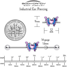 Load image into Gallery viewer, 14G Pink Gem Heart Butterfly Purple Industrial Barbell 38mm
