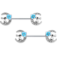 Load image into Gallery viewer, 14G 9/16 Clear Gem Rabbit On Moon Flower Blue Nipple Ring Set

