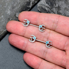 Load image into Gallery viewer, 14G 9/16 Clear Gem Rabbit On Moon Flower Blue Nipple Ring Set
