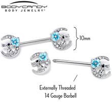 Load image into Gallery viewer, 14G 9/16 Clear Gem Rabbit On Moon Flower Blue Nipple Ring Set
